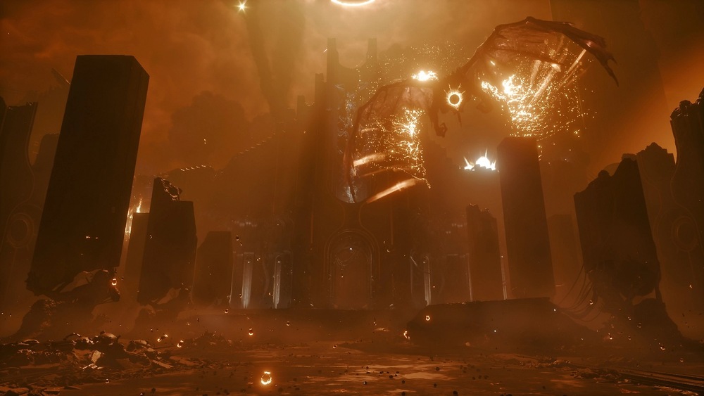 Dystopická krajina s tyčícími se, stinnými pilíři pod zlověstnou oranžovou oblohou. Nad nimi se vznášejí zářící, éterické tvary, které vyzařují pocit tajemna a napětí.