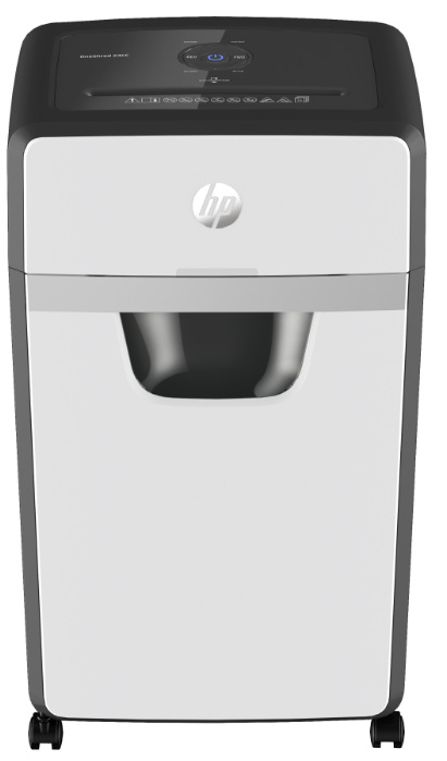 Skartovač HP OneShred 24CC bílý Přední pohled na skartovač HP OneShred 24CC s průhledovým okénkem koše a kolečky