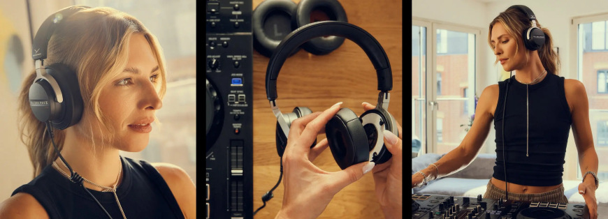 Portrét ženy se sluchátky Beyerdynamic DJ 300 PRO X CLUB a detail výměny náušníků