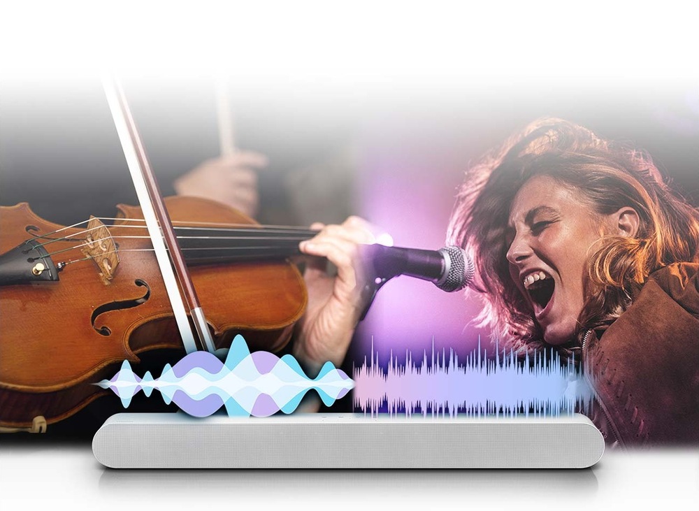 Soundbar Samsung HW-S61D bílý Soundbar Samsung HW-S61D, nad soundbarem jsou vlevo housle a vpravo zpěvačka, nad soundbarem jsou barevné vlny znázorňující přizpůsobení přehrávanému obsahu