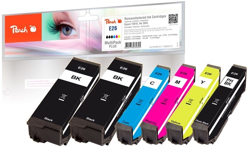 Inkoustová náplň Peach Epson 26, T2616, MultiPack Plus, 2x 7,6, 4x 6,2 ml - CMYK
