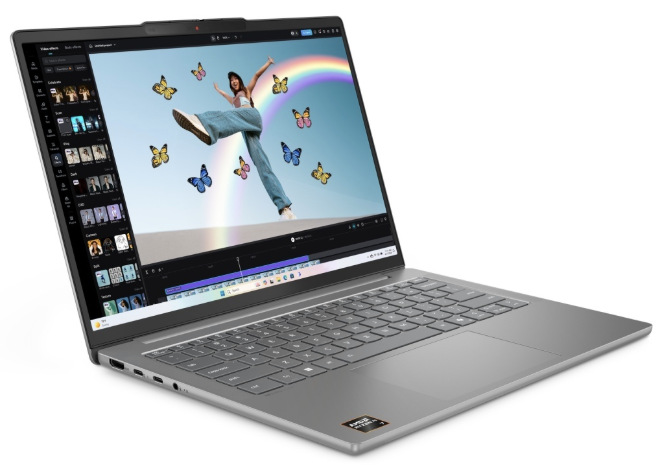 Notebook Lenovo IdeaPad Slim 5 14AKP10 šedý Šedý notebook Lenovo IdeaPad Slim 5 14AKP10 se spuštěným editorem videa