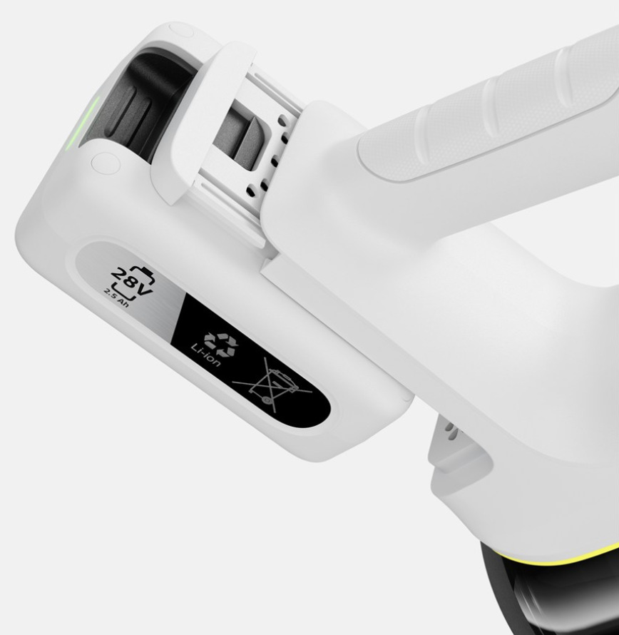Detail vyjímatelné 28V Li-Ion baterie s kapacitou 2,5 Ah ve vysavači Kärcher VCS 5-28 Infinity Flex