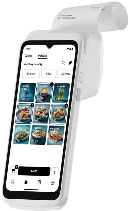 Platební terminál SumUp Smart Terminal s tiskárnou a aplikací pro správu objednávek.