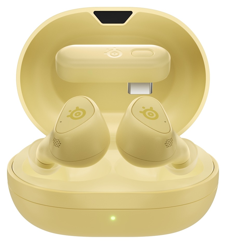 Headset SteelSeries Arctis GameBuds XB Yuzu žlutý Žlutá herní sluchátka SteelSeries Arctis GameBuds Yuzu pro Xbox v otevřeném nabíjecím pouzdře