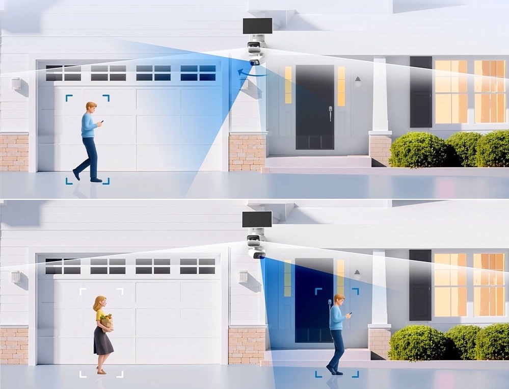 IP kamera TP-Link Tapo C645D Dual-Lens Solar KIT bílá Ilustrační obrázek ukazuje kameru TP-Link Tapo se solárním panelem namontovanou nad vstupem domu. Modré kužely znázorňují sledované oblasti, kde kamera rozpoznává pohyb osob u garáže a u dveří.