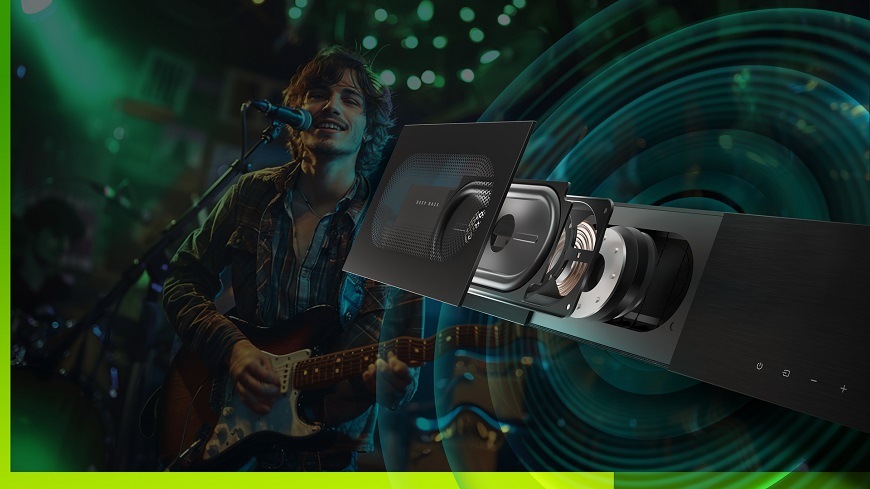 Soundbar Hisense HS2000 černý Soundbar Hisense HS2000, černý, Vestavěný subwoofer s dechberoucími vizuálními efekty