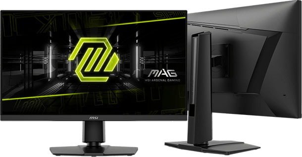 ¨Přední a boční pohled na herní monitor MSI MAG. Na obrazovce je zobrazen futuristický grafický motiv se zelenými akcenty a logem MAG. Elegantní a moderní design.