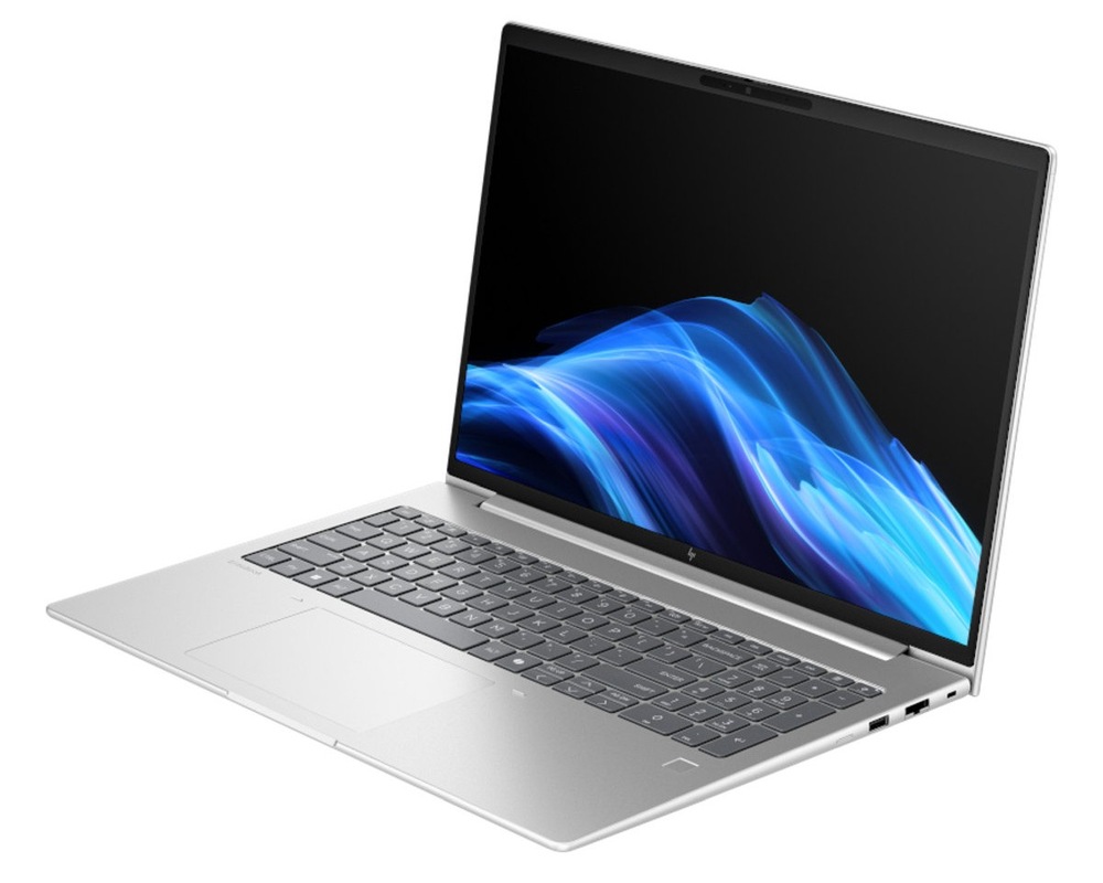 Notebook HP Elitebook 6 G1i 16" stříbrný Otevřený a zapnutý notebook otočený doprava