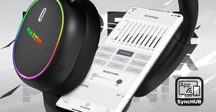 Headset HATOR Phoenix 2 Wireless s RGB podsvícením vedle telefonu s aplikací HATOR SyncHUB