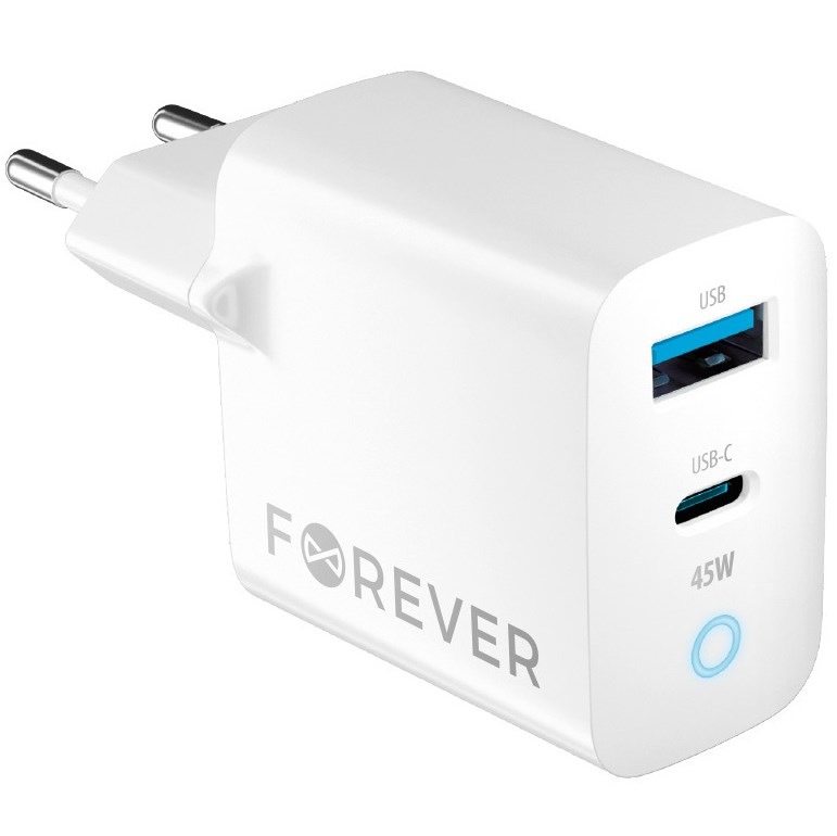 Nabíječka do sítě Forever GaN TC-06-45AC PD QC 1x USB-C, 1x USB, 45W bílá