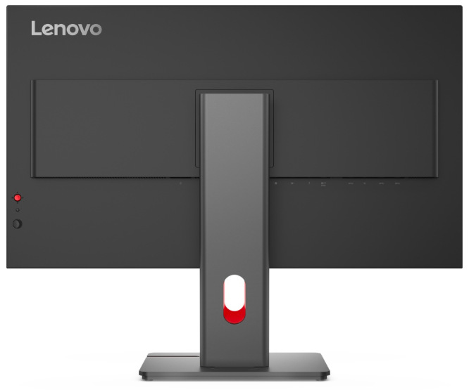 Zadní strana monitoru Lenovo ThinkVision P32ud-40 s pevným stojanem a otvorem pro vedení kabelů