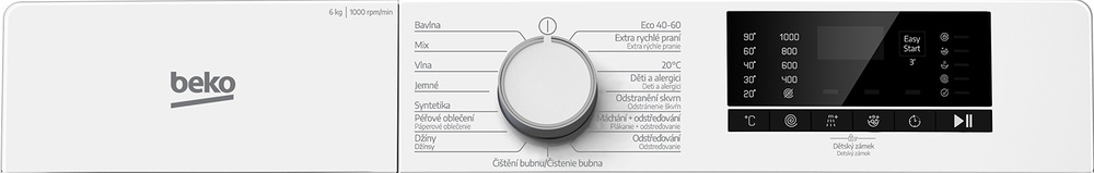 Detail na ovládací panel v českém jazyce úzké pračky Beko B1WFK2604WCS