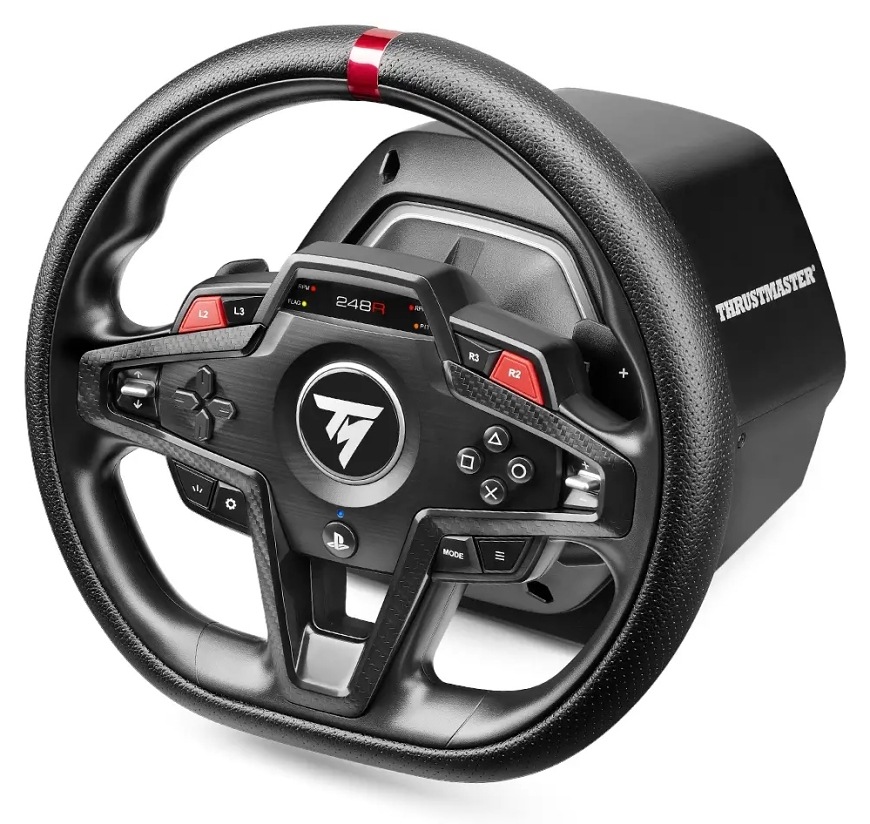 Volant Thrustmaster T248R Shifter Pack, PC , PS5/4 černý Detail herního volantu s koženým potahem a funkčními tlačítky