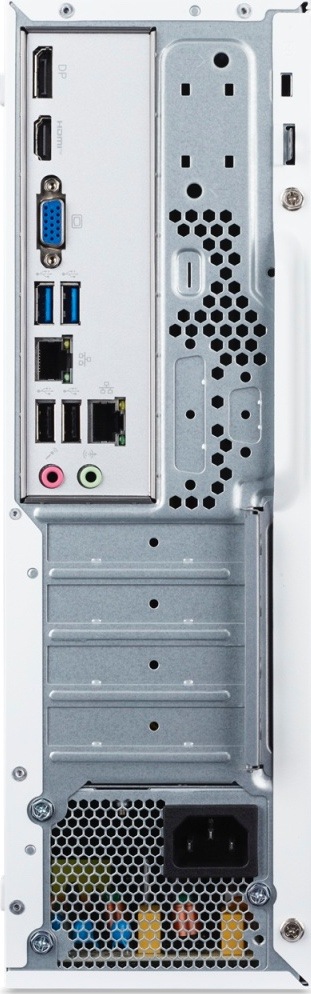 Stolní počítač Acer Aspire XC-102 bílý/hnědý Zadní strana počítače Acer Aspire XC-102 s konektory DisplayPort, HDMI a VGA, čtyřmi porty USB-A, dvěma síťovými porty RJ45 a dvojicí 3,5mm zvukových konektorů. Uprostřed jsou ventilační otvory a záslepky rozšiřujících pozic, dole napájecí zdroj se síťovou zásuvkou.