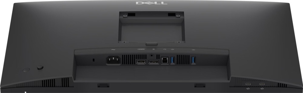 Šikmý horní pohled na zadní stranu monitoru Dell Pro P2426H s úchytem stojanu a zapuštěným panelem s napájením, HDMI, DisplayPortem, USB-B a dvěma USB-A; na spodní hraně jsou dva porty USB-C.