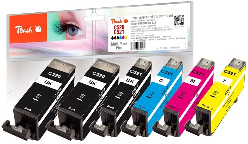Inkoustová náplň Peach Canon PGI-520/CLI-521, MultiPack Plus, 2x19, 4x9 ml - CMYK