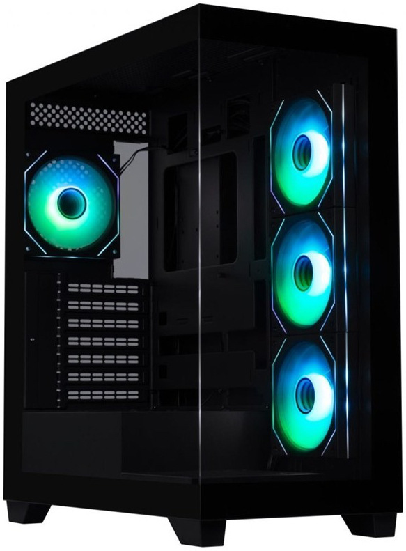 Na fotce je černá PC skříň BitFenix CETO/CETO Cube z pohledu přes levý přední bok. Skříň má „panoramatické“ prosklení – průhledné čelo a levá bočnice z tvrzeného skla, takže je vidět dovnitř. ARGB ventilátory svítí na pravém boku (vnitřní boční pozice) a jeden je vidět i vzadu, takže podsvícení vytváří výrazný světelný efekt i při pohledu z rohu skříně.