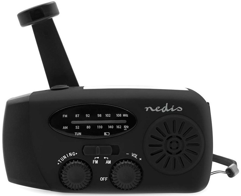 Radiopřijímač Nedis RDFMCR2000 černý Nouzové rádio Nedis RDFMCR2000BK v černé barvě s klikou pro ruční nabíjení a FM/AM příjmem.