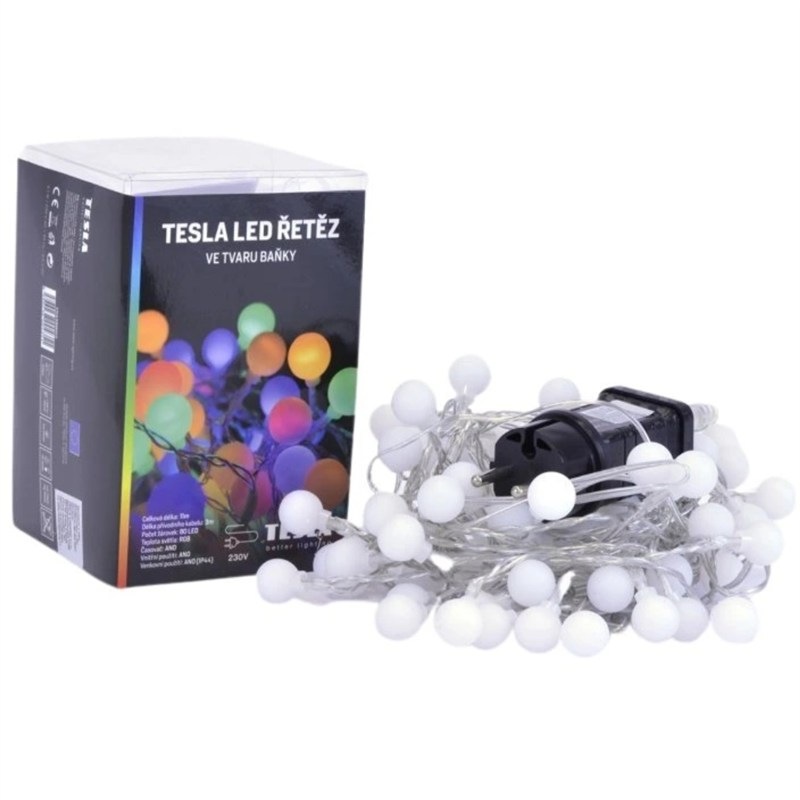 Vánoční osvětlení Tesla Lightning dekorativní řetěz baňka, 80 LED, RGB, 230V, 8m + 3m kabel, časovač, IP44