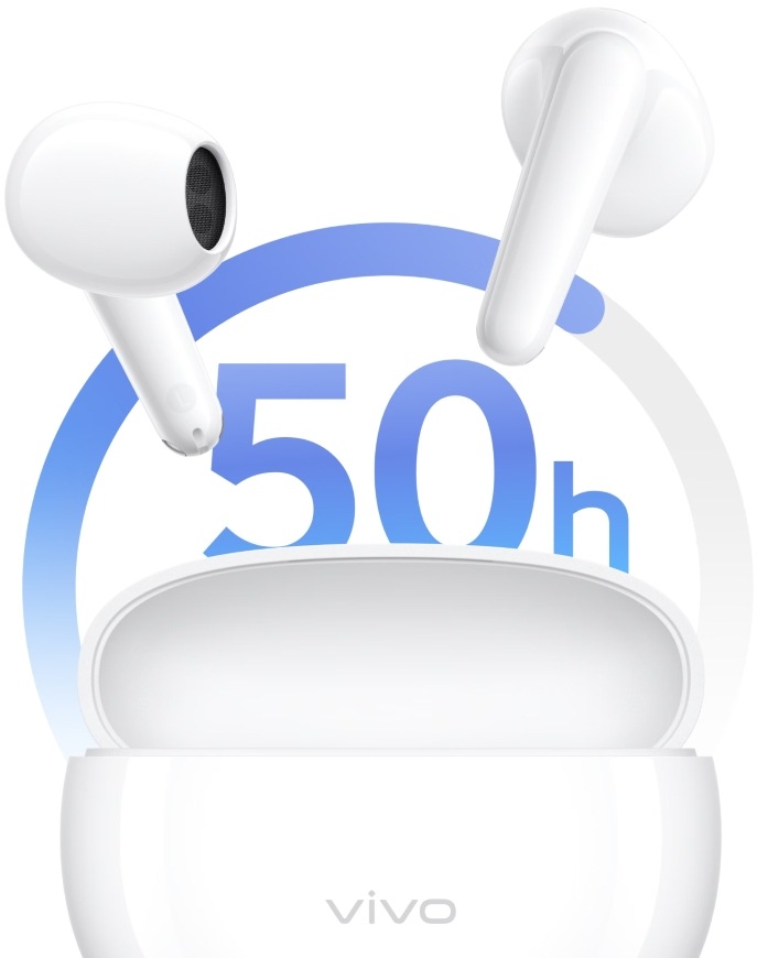 Sluchátka vivo Buds Air3 bílá Detail sluchátek Vivo Buds Air3 a nabíjecího pouzdra poskytujícího výdrž až 50 hodin