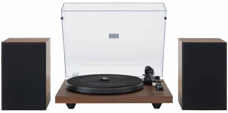 Gramofon Crosley C62 s externími reproduktory pohled zepředu