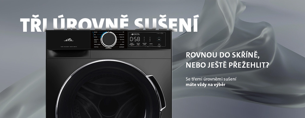 Produktový banner pro pračky se sušičkou ETA s detailem na ovládací panel, otočný volič programů a digitální displej černé pračky. V pozadí je vlající saténová látka šedé barvy. Text: Tři úrovně sušení. Rovnou do skříně, nebo ještě přežehlit? Se třemi úrovněmi sušení máte vždy na výběr