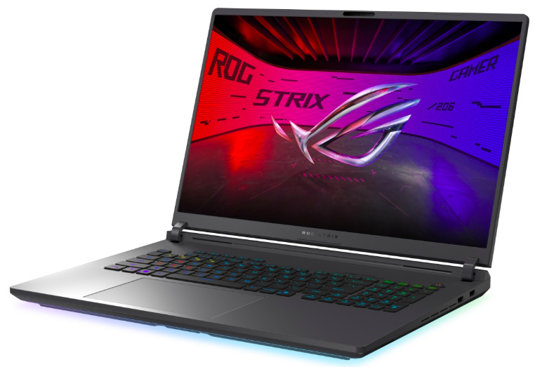 Notebook Asus ROG Strix G18 z pravého úhlu s 18" displejem a RGB podsvícením