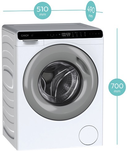 Pračka Candy CW50-BP12307GU-S bílá CW50-BP12307GU-S pračka mírně zboku a její rozměry