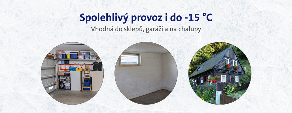 Infografika mrazáku ETA 587690000A zdůrazňující spolehlivý provoz do -15 °C. Vhodná pro umístění do sklepů, garáží a na chalupy