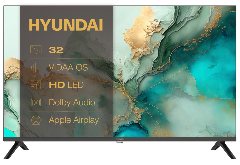 Chytrá LED televize Hyundai s úhlopříčkou 32 palců, systémem VIDAA OS, HD Ready rozlišením, podporou Dolby Audio a Apple AirPlay – čelní pohled