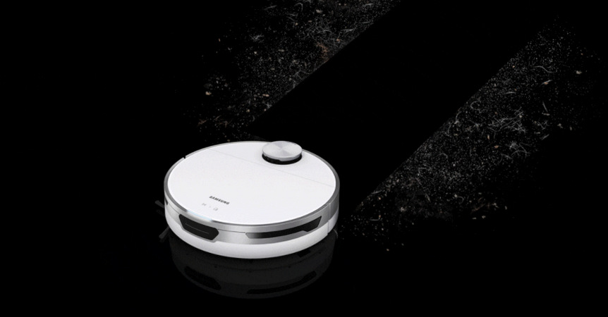 Robotický vysavač Samsung Jet Bot Robotický vysavč Samsung Jet Bot uklízí nečistoty na černé podlaze