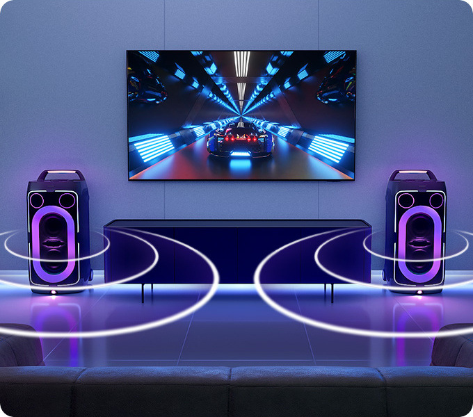 Dva reproduktory Samsung MX-ST50F jsou umístěné pod televizí, kroužky vycházející z obou reproduktorů znázorňují šíření zvuku