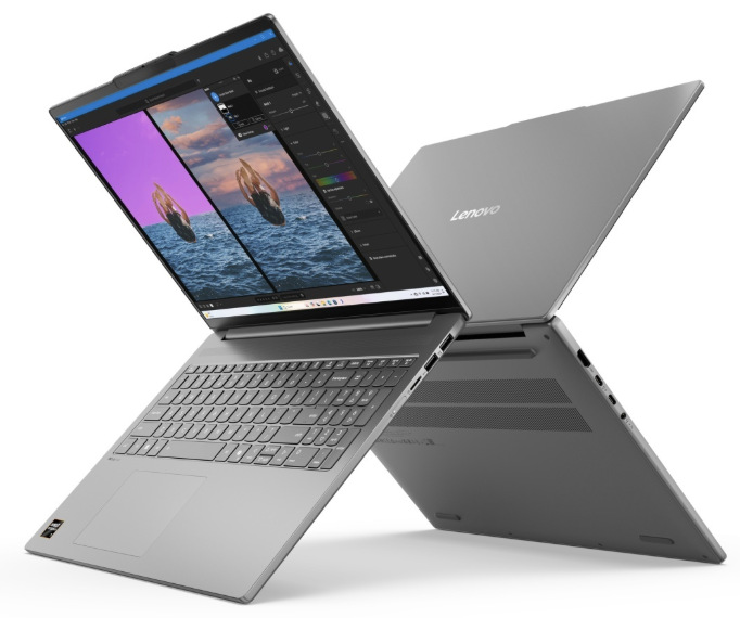 Notebook Lenovo IdeaPad Slim 5 16AKP10 šedý Dva notebooky Lenovo IdeaPad Slim 5 16AKP10 s pohledem na displej, víko a spodní část