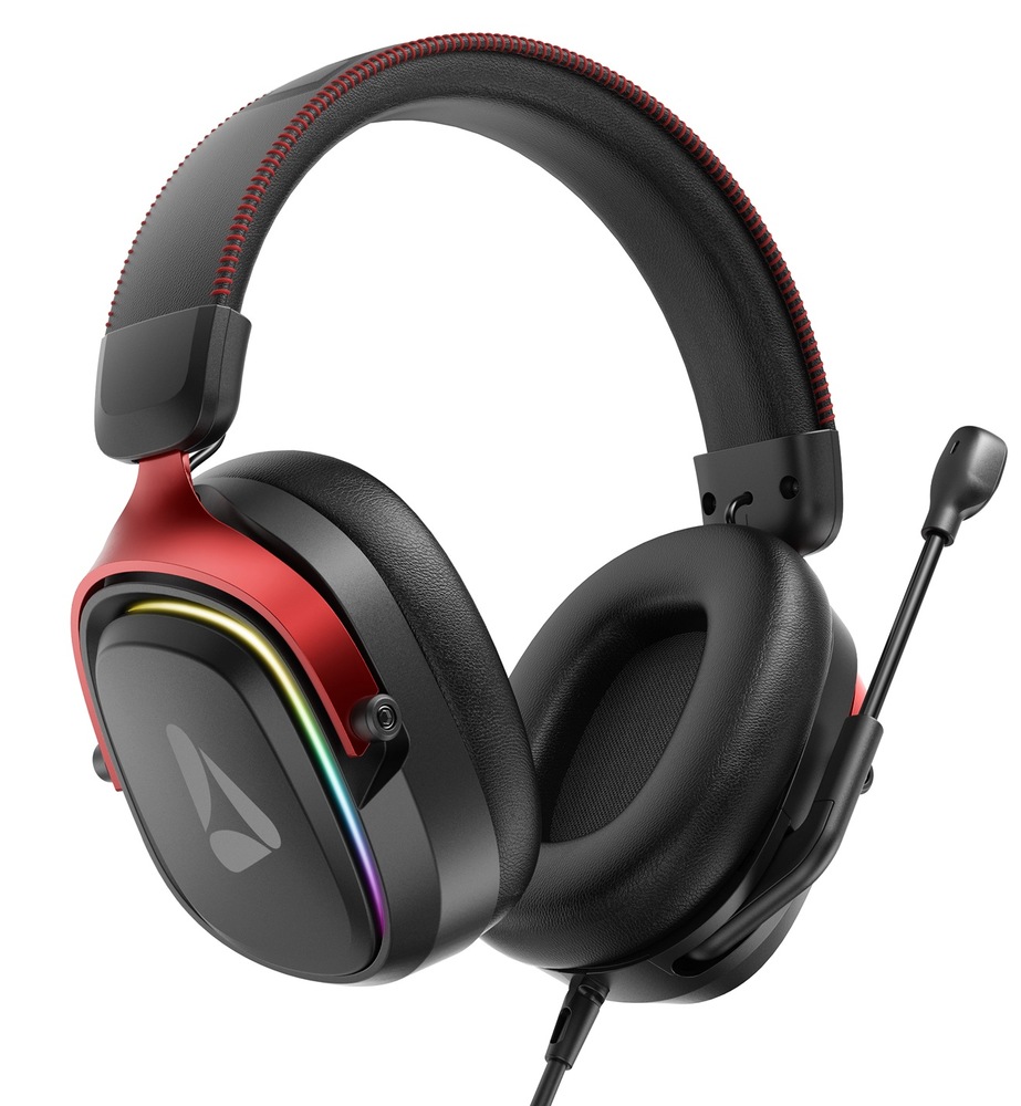 Detailní pohled na herní headset Dispel GH560B s polohovatelným mikrofonem a RGB podsvícením