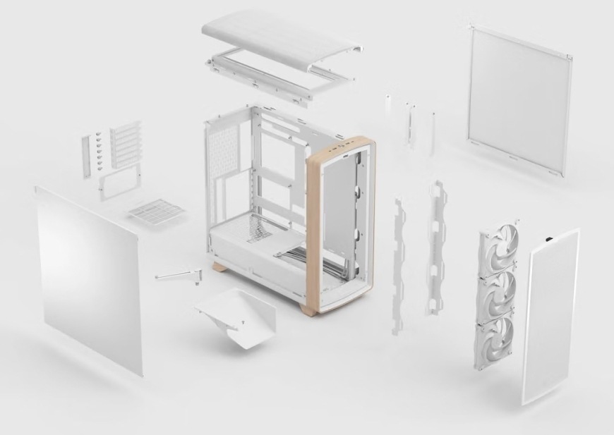 Case FRACTAL DESIGN Summit Chalk White Solid bílá Rozložená konstrukce skříně FRACTAL DESIGN Summit Chalk White Solid s panely, ventilátory, držáky a filtry