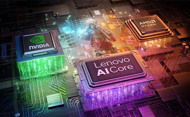 Vizualizace spolupráce grafiky NVIDIA, procesoru AMD Ryzen a Lenovo AI Core při hraní na notebooku Lenovo Legion 5a