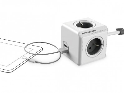 Kabel prodlužovací Powercube Extended USB, 4x zásuvka, 2x USB, 1,5m bílý/červený