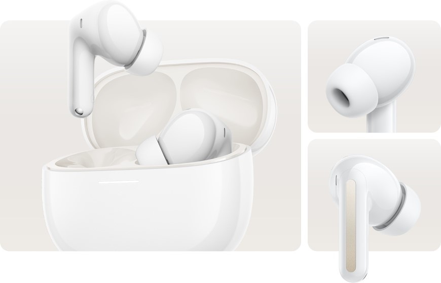Detail sluchátek Xiaomi REDMI Buds 8 v pouzdru, detail nástavce do ucha a zadní strany sluchátka