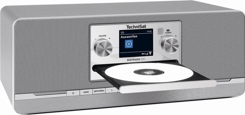 Radiopřijímač s DAB+ TechniSat DIGITRADIO 320 stříbrný Radiopřijímač TechniSat DIGITRADIO 320 s vysunutou CD mechanikou