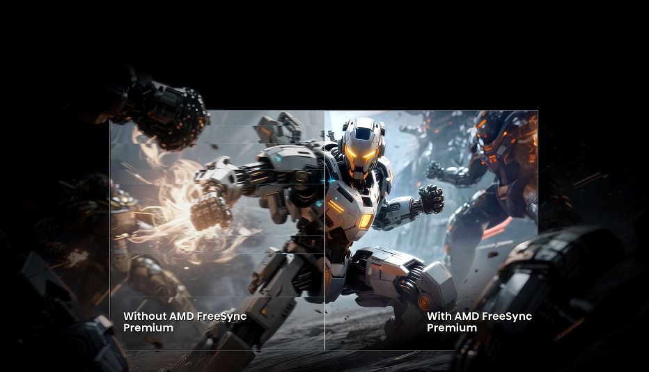 Zobrazeni herního režimu na televizi Hisense. Jsou vidět detaily robota a plynulý obraz díky AMD FreeSync Premium.