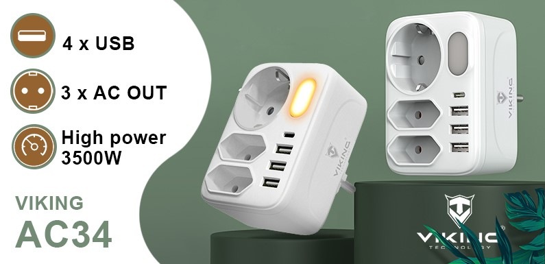 Rozbočovací zásuvka Viking AC34, 3x zásuvka, 3x USB, 1x USB-C bílá Rozbočovací zásuvka Viking AC34, 3x zásuvka, 3x USB, 1x USB-C bílá