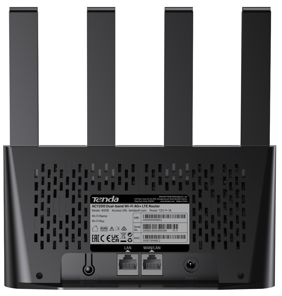 Router Tenda 4G08 v detailu ze zadní strany