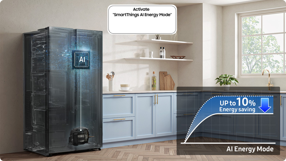 Americká lednice Samsung RS57DG410EM9EO stříbrná Americká lednice Samsung stojív kuchyni, na dveřích lednice je nápis AI,v bublině vedle lednice je nápis Activate SmartThings Energy Mode, vpravo dole je graf znázorňující úsporu s AI Energy Mode