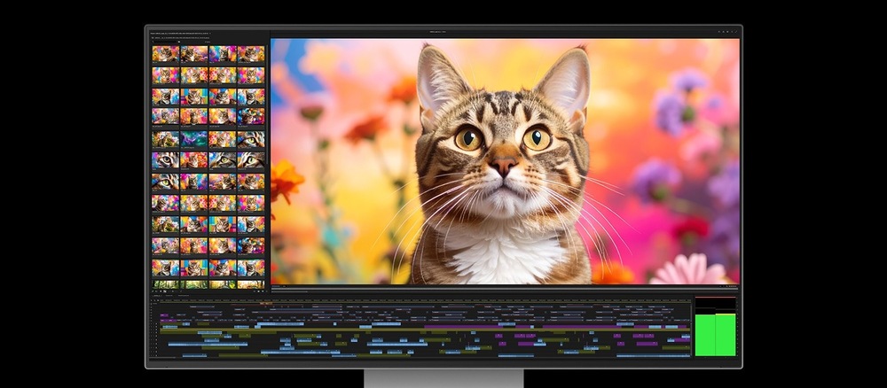 Monitor LG 32U990A-S černý/šedý Počítačový monitor zobrazuje software pro střih videa s mourovatou kočkou uprostřed zářivých, rozmazaných květin. Postranní panel zobrazuje miniatury podobných obrázků.