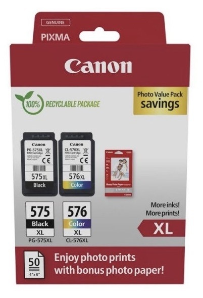 Inkoustová náplň Canon PG-575XL / CL-576XL PVP + fotopapír GP 501, 50 listů černá