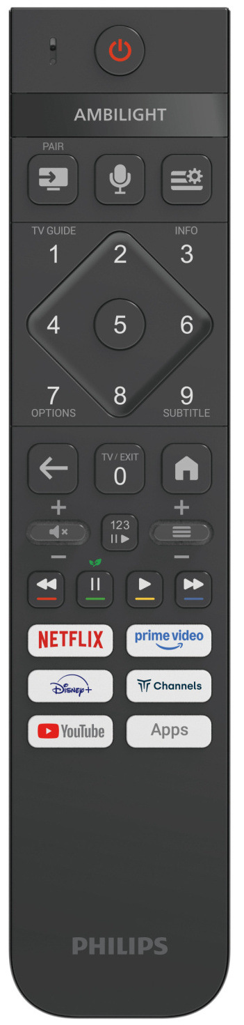 Televize Philips 77OLED911 Detail dálkového ovladače televize Philips s tlačítky pro Netflix, Disney+ a Prime Video.