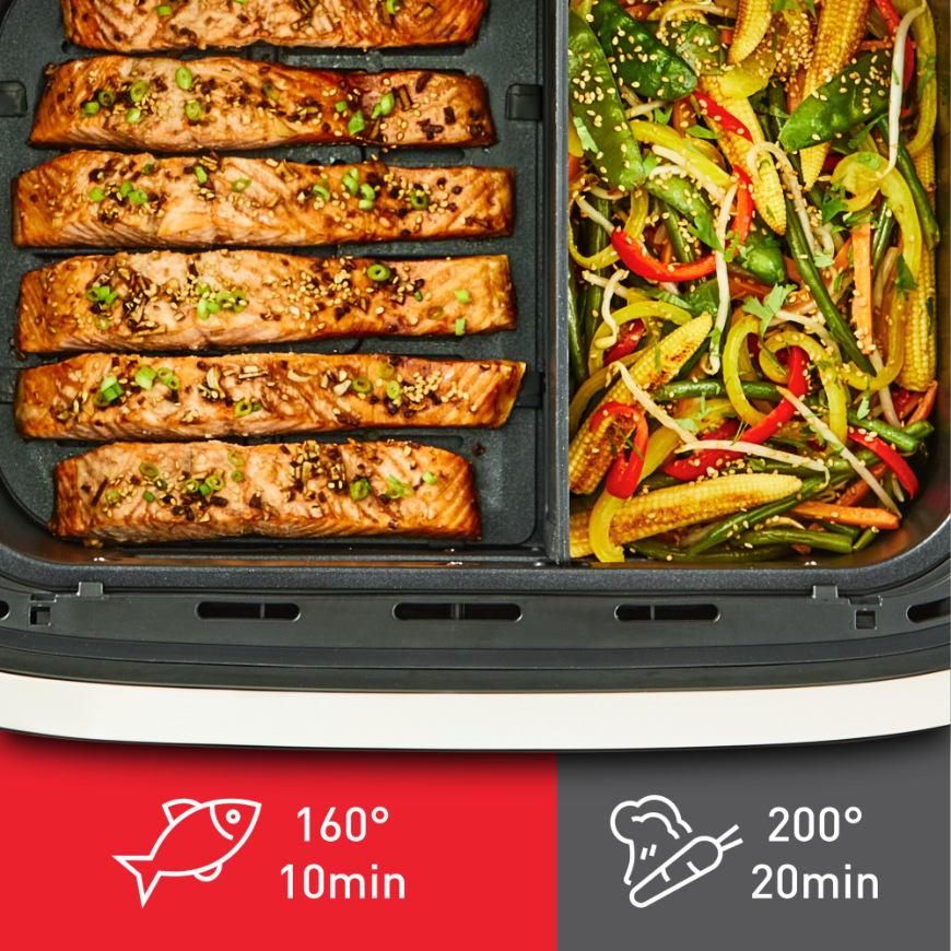 Dva pokrmy připravované současně ve fritéze Tefal EY922DE0 Dual Easy Fry Flex