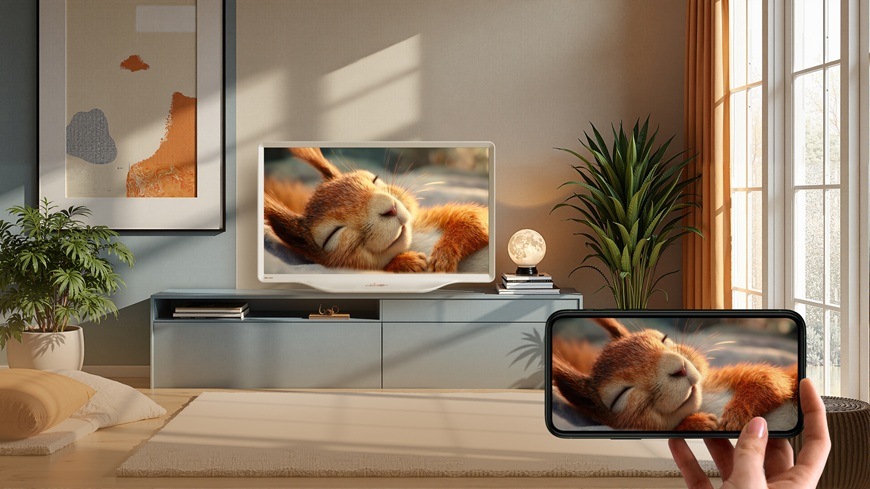 SMART televize Hisense 32S5Q s funkcí zrcadlení obrazu ze smartphonu v moderním interiéru.