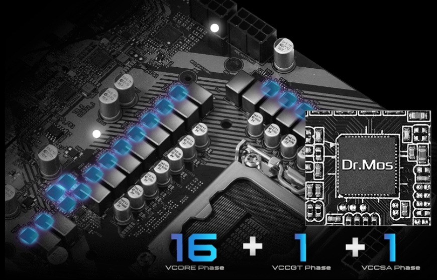 Základní deska ASRock Z890 PRO RS Detail napájecí kaskády základní desky ASRock Z890 PRO RS s 16+1+1 fázemi a technologií Dr.MOS